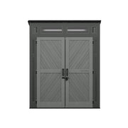 Front angle photo of Craftsman outdoor storage shed CMXRCSCBMSCM6550 with double doors and chevron pattern panels.