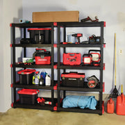 Photo of CRAFTSMAN CMXRHBP24X40SH black plastic shelving unit with five shelves, storing various red and black toolboxes, tools, and cleaning supplies in a garage.
