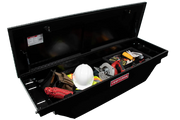 CRAFTSMAN CMXTBAD73217204 black truck storage box open, showing tools and safety gear, side angle photo.