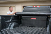Photo of Craftsman black diamond-pattern truck tool box CMXTBAK4005301 in pickup bed, rear angle.
