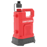 A red and black Craftsman portable water tank with a handle on top and a removable cap. The cap is shown detached and tethered above the tank's filling spout.