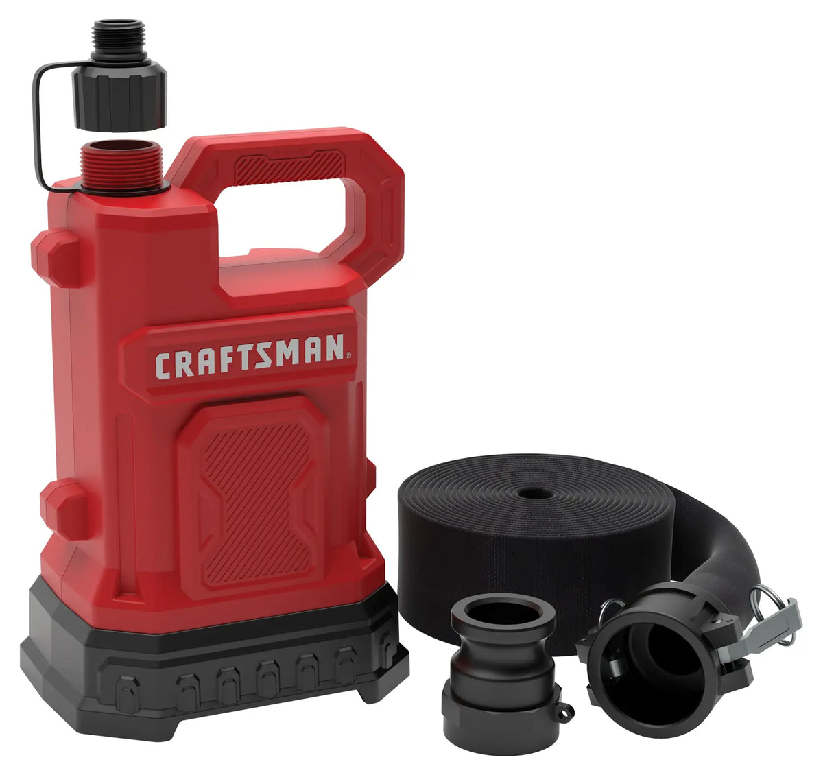 A red Craftsman portable water transfer pump is shown with its accessories, including a rolled black hose and two black hose connectors. The pump cap is removed and placed above the opening. The items are displayed on a white background.