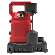 A red and black portable sump pump with a float switch, designed for water removal. The unit features a sturdy handle at the top and a secure base with vent openings.