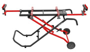 Craftsman folding miter saw stand CMXXMAX9434507, red and black, side angle on white background.