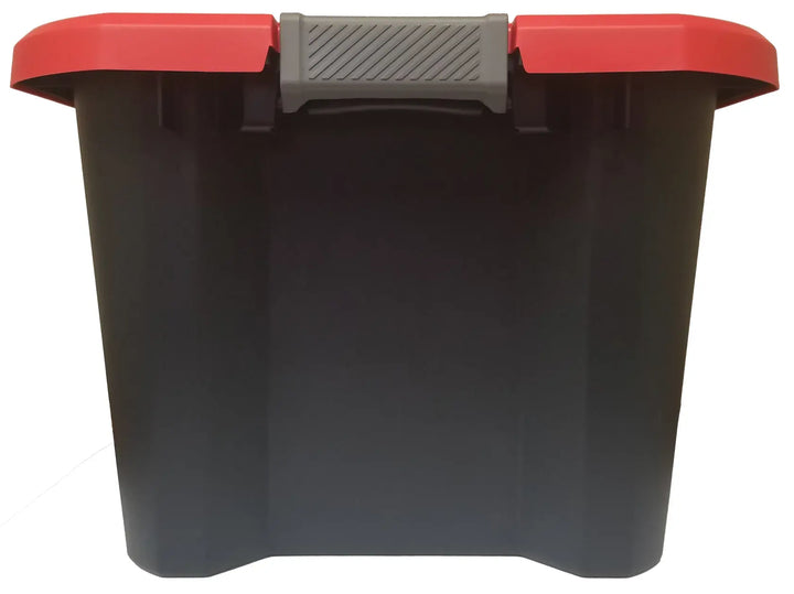 Black storage tote with red lid and textured gray handle, white background beauty shot, front angle.