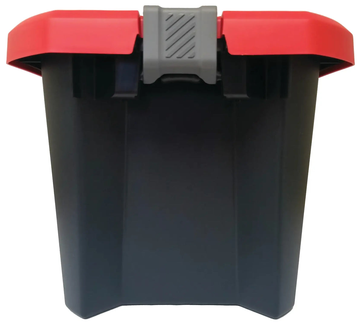 Black storage bin with red lid and gray latch white background beauty shot front angle