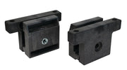 Pair of black plastic mounting brackets with screw holes, white background beauty shot, front angle
