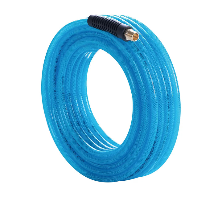 Blue polyurethane air hose coiled with brass connector, white background beauty shot, front angle.