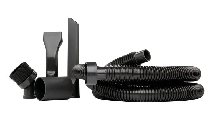 Photo of Craftsman vacuum accessory kit SKU CMXZVBE38662 with hose and four black attachment tools, front angle.