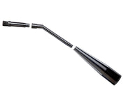 A segmented view of a black lens cleaning brush, with three separated parts shown: the brush end, the angled extension tube, and the handle.