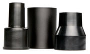 Three black plastic cylindrical photography accessories, possibly lighting modifiers or adapters, are standing upright side by side on a white background.