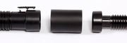 Three black cylindrical components of a photography accessory, likely a light modifier or adapter, arranged in a line on a white background with each part separated and not connected.