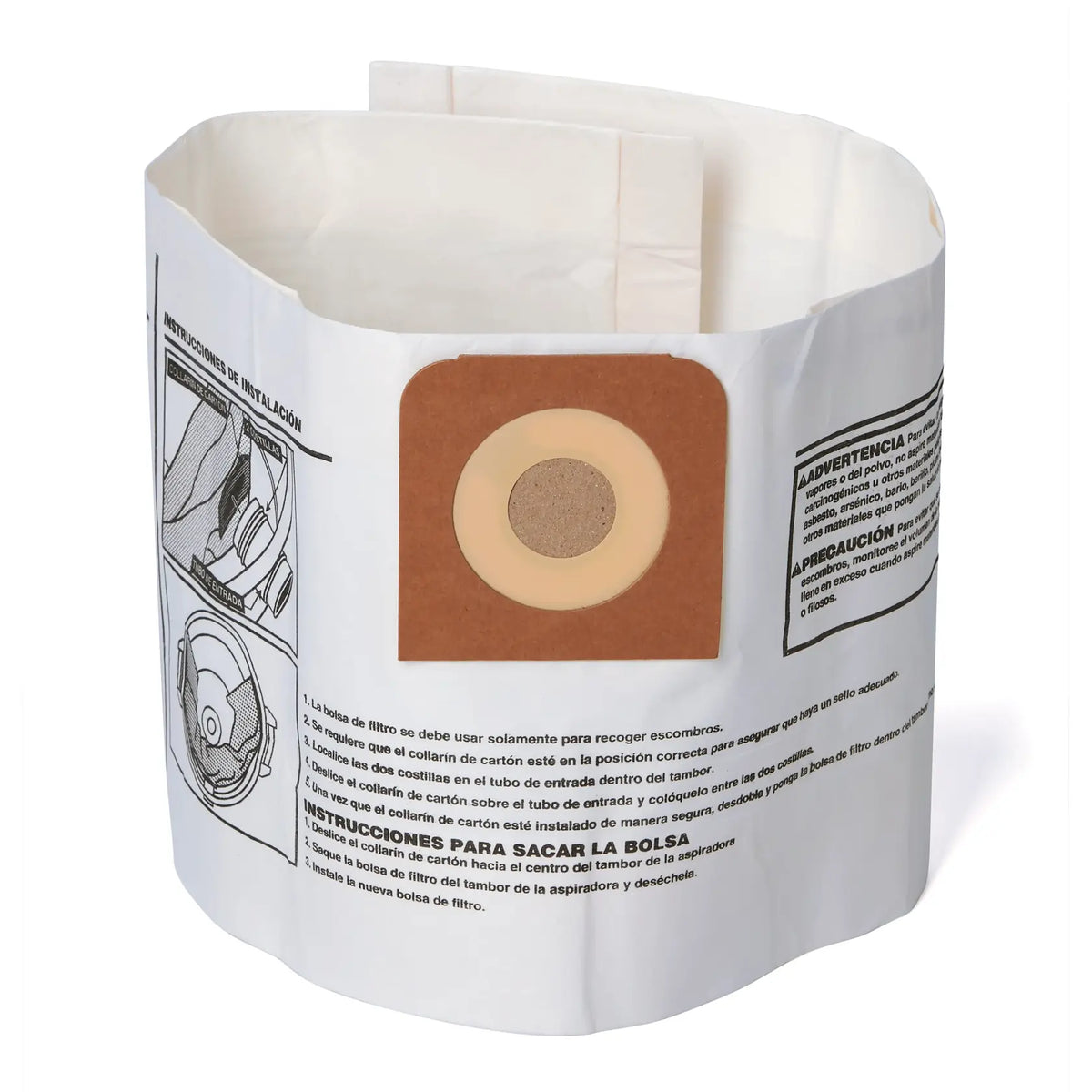 A disposable vacuum cleaner filter bag made of white paper with a cardboard collar and round opening, featuring printed instructions and illustrations in Spanish on its surface.