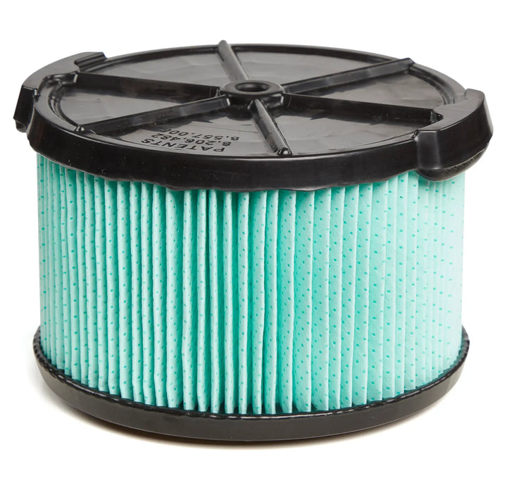 A cylindrical green air filter with pleated paper and black plastic end caps, shown against a white background.