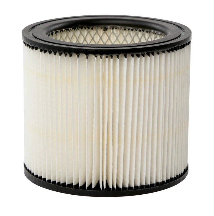 A cylindrical pleated paper air filter with black plastic trim, shown against a white background.