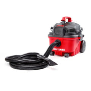 Photo of Craftsman wet/dry vacuum, SKU CMXZVBE38762, red and black, with hose and nozzle on white background, angled view.