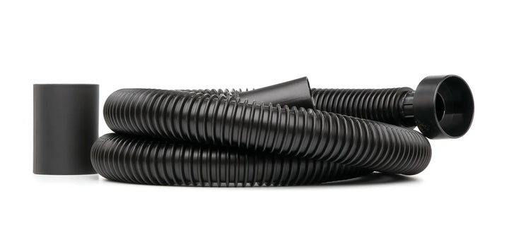 Photo of Craftsman vacuum hose CMXZVBE38762, black flexible ribbed plastic, coiled with connector fittings on white background.