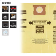 Craftsman graphics CMXZVBE38769 showing vacuum bag uses: wood, auto, debris, drywall, cold ash, fine particles.