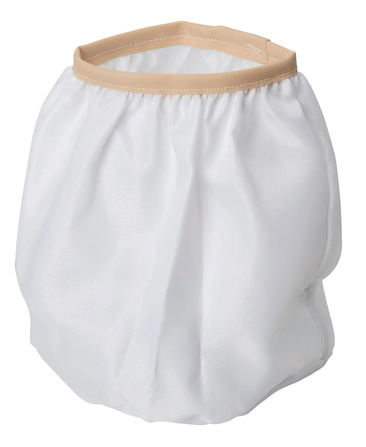 A white fabric diffuser cover with a beige elastic band at the top, designed for use with photography lighting equipment.