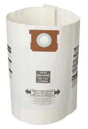 A large white vacuum cleaner dust collection bag with a circular cardboard collar and a blue sealing ring at the top. The bag has text indicating capacity for 15-22 gallons (56.7-83 litres) and installation instructions.