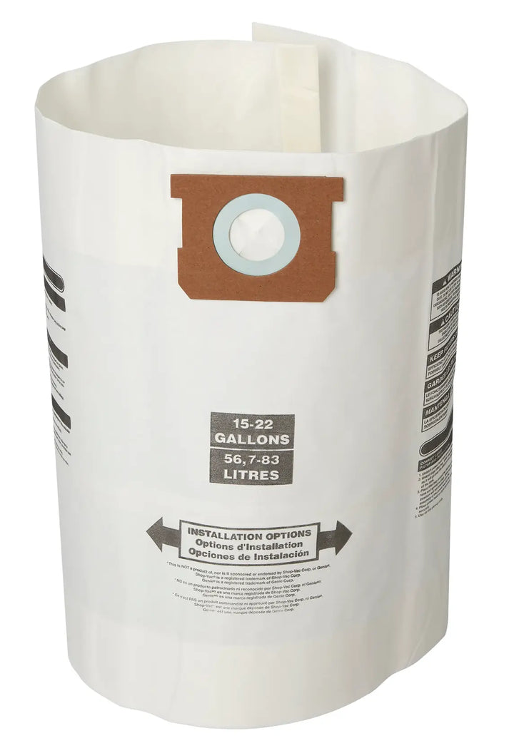 A large white vacuum cleaner dust collection bag with a circular cardboard collar and a blue sealing ring at the top. The bag has text indicating capacity for 15-22 gallons (56.7-83 litres) and installation instructions.
