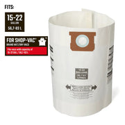Craftsman CMXZVBE38772 vacuum bag for Shop-Vac, fits 15-22 gallon wet/dry vacs, front angle, white background.