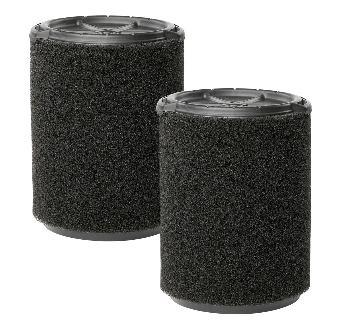 Two cylindrical photography lens accessory covers made of black foam material, with plastic tops and bottoms, shown against a white background.