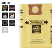 Photo of Craftsman vacuum bag CMXZVBE3877 for 10-14 gallon models, showing installation options and usage icons for wood, auto, debris, drywall, cold ash, and fine indoor particles.