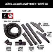 Craftsman CMXZVBE38800 graphics photo showing various locking vacuum hose accessories and nozzles on white background.