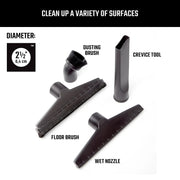 CRAFTSMAN CMXZVBE38802 graphics showing vacuum accessories: floor brush, wet nozzle, dusting brush, crevice tool.