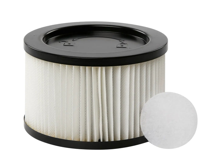 Craftsman pleated vacuum filter CMXZVBE43268 with black rim and round white filter pad, front angle photo.
