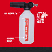 Craftsman foam cannon bottle CMZPWHPSB200, 600 ml, universal design, photo on red background.