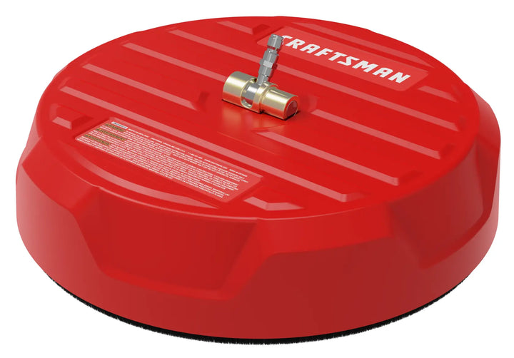 A red Craftsman pressure washer surface cleaner attachment with a round, flat shape and a metal connector on top.
