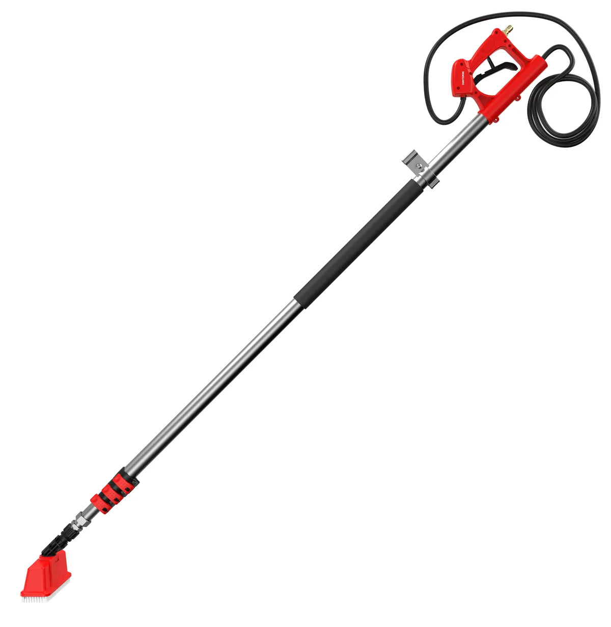 A long telescopic pole with a red handle and trigger at one end and a red cleaning brush head at the other, connected by a hose. This tool appears designed for cleaning surfaces using pressurized water.