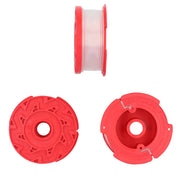Photo of Craftsman red trimmer line spool CMZST0653, shown from side and both ends on white background.