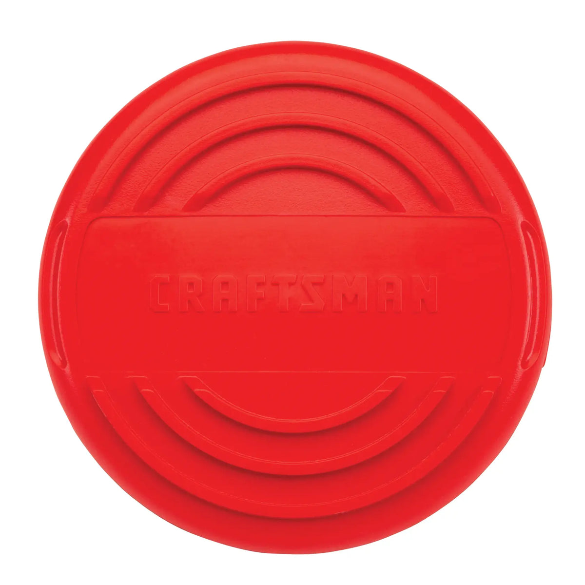 Photo of Craftsman CMZST120SC red replacement trimmer spool cap, circular with embossed branding, top view.