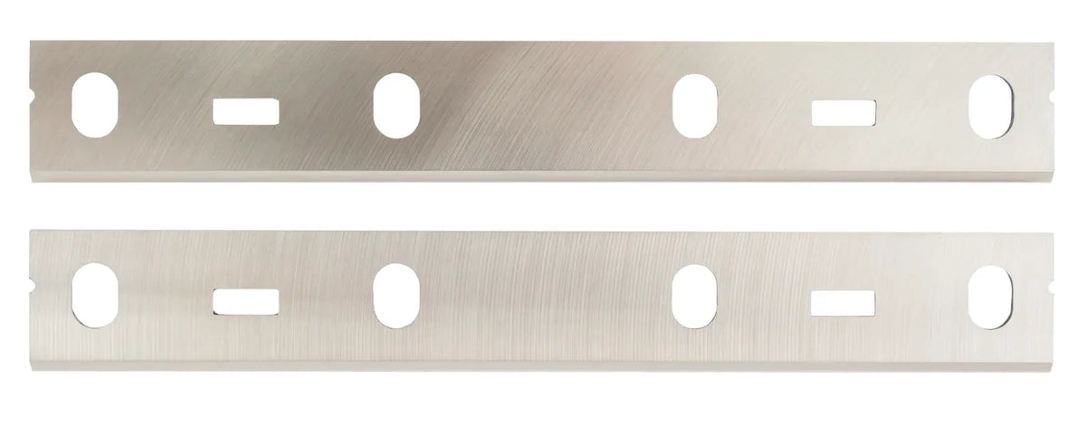 Photo of two Craftsman metal planer blades with oval and rectangular slots, CMZW020-2, top view.