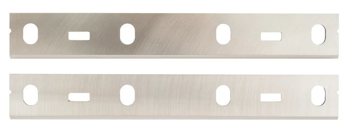 Photo of two Craftsman metal planer blades with oval and rectangular slots, CMZW020-2, top view.