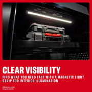 CRAFTSMAN storage shown with light, SKUs 0-29-808, CMST33680WG, CMST33680RB, CMST33680BG. Interior illumination.