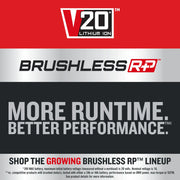 Craftsman graphics with V20 Lithium Ion and Brushless RP logos, promoting more runtime and better performance.